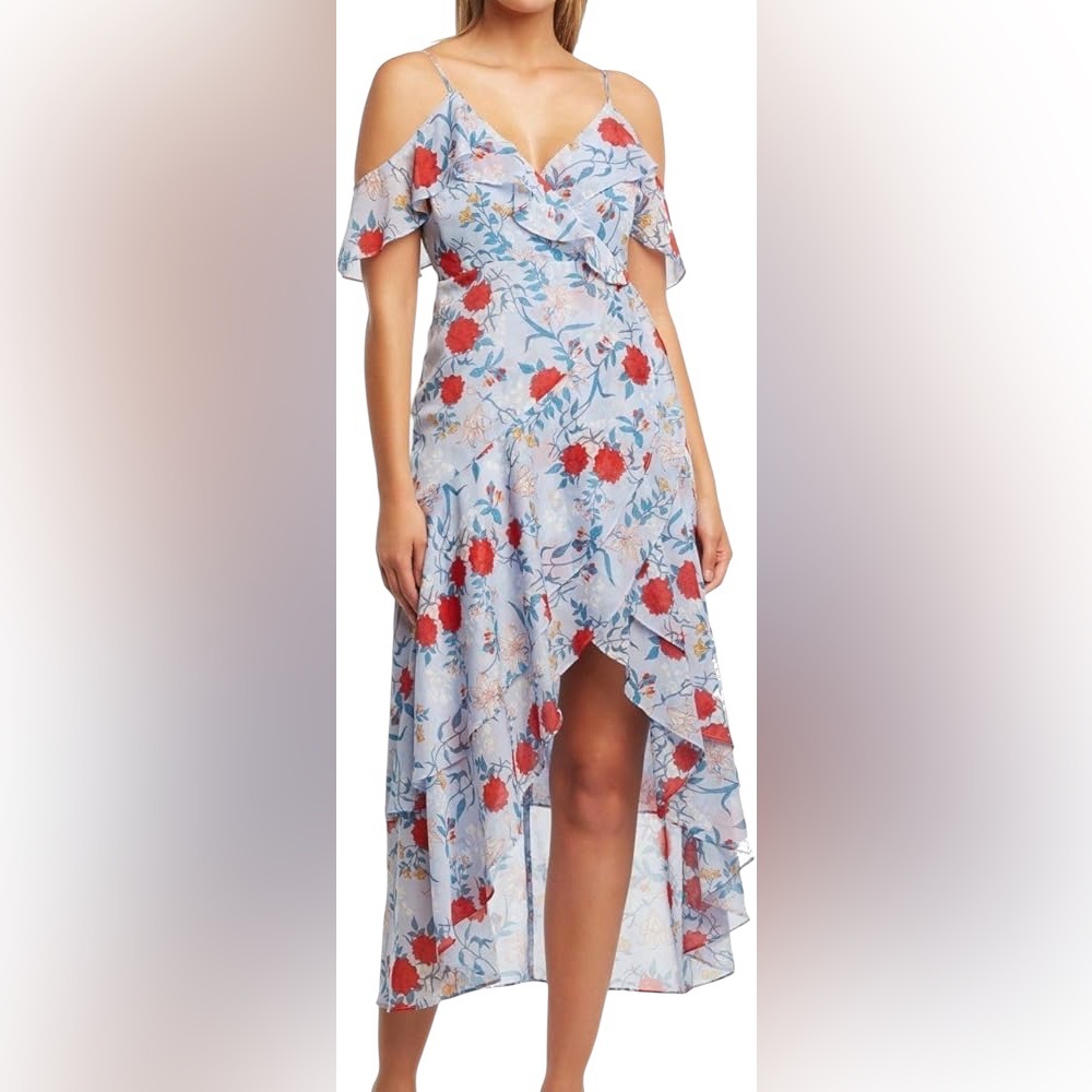 Bardot Blue Floral Ruffle High-Low Midi Fall Wedding Guest Dress US 6